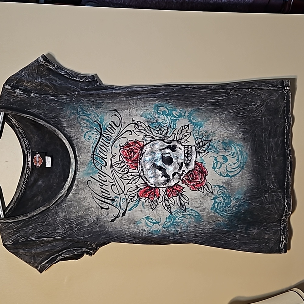 Harley-Davidson Rhinestone Skull T-Shirt - Picture 2 of 8